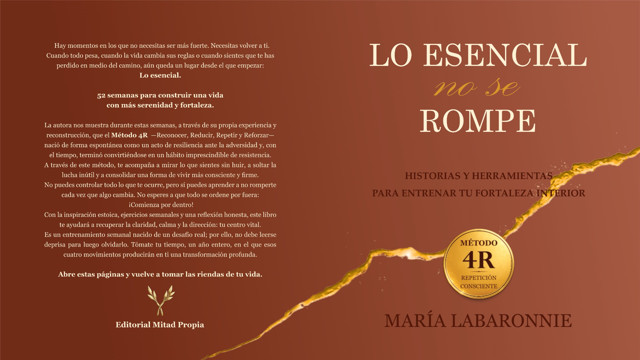 Portada de Lo esencial no se rompe, de María Labaronnie. Fondo terracota con una grieta dorada y el sello del Método 4R.